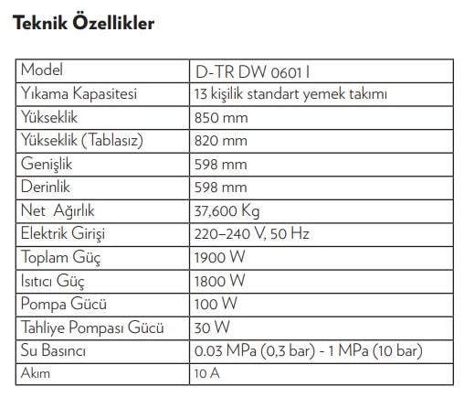 Daewoo Bulasik makinesi d tr 0601 teknik ozellikler